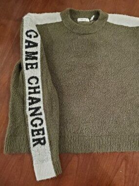 ohmg Womens XS Olive Green Knit Sweater Game Changer Sleeve Graphic Crewneck